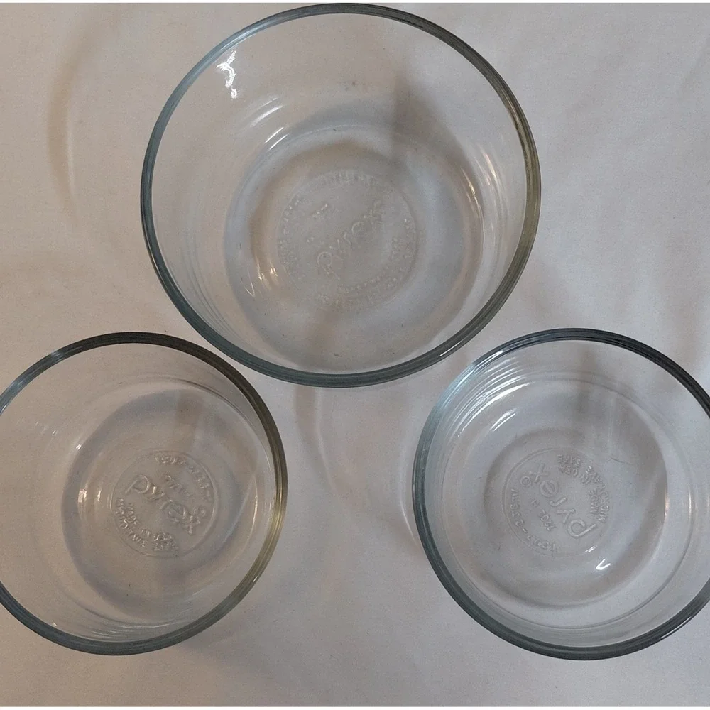 Vintage Pyrex Clear Glass Storage Dishes Round Lot of 3 Cups 7200 7201 USA
